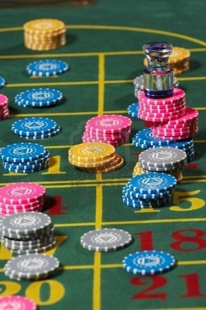 Roulette chips on the betting table